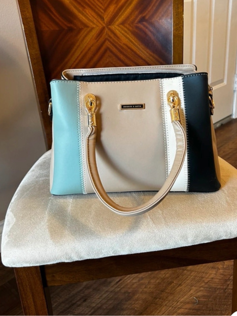 Charles & Keith Tricolor Satchel in Beige, Teal & Black